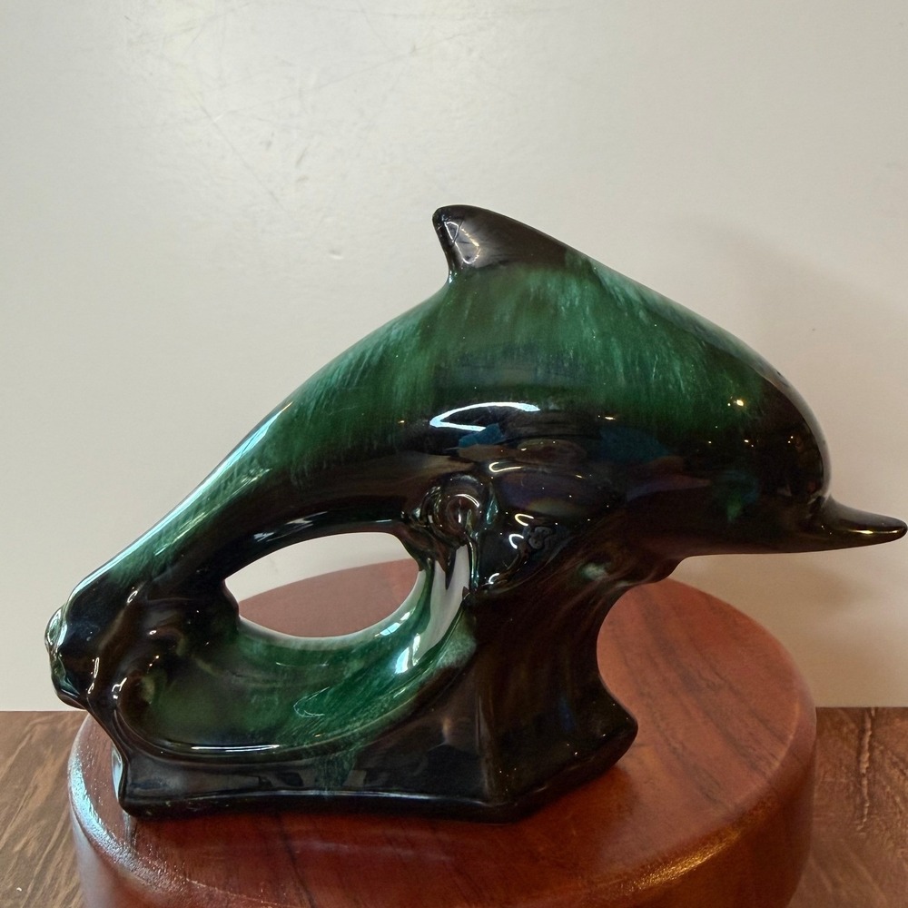 Vintage Blue Mountain Pottery Jumping Dolphin Green Black Drip Glaze Canada